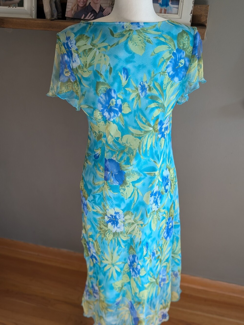 Vintage Y2K Robbie Bee 100% Silk Tropical Floral Dress Size 12 Blue Fairycore - Picture 3 of 5